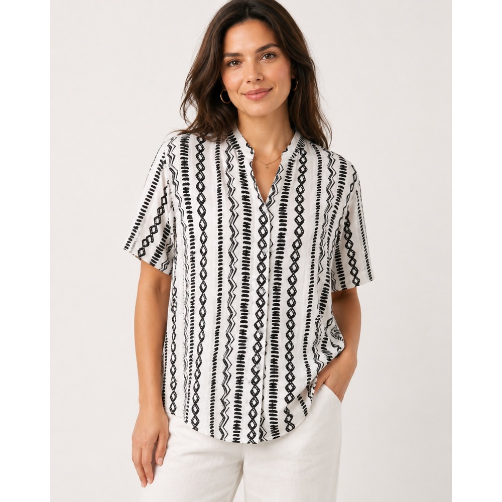 46 Allison Daley Petite XL Black White Geometric Button Down Blouse